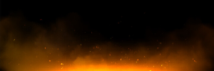Fire spark overlay with smoke and flame background. Grill heat glow in cloud isolated transparent vector. Realistic flying orange sparkle abstract illustration. Hell bonfire fiery with hot cinder - 610521472