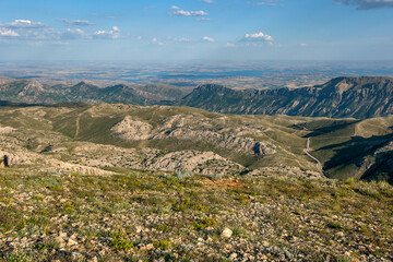 A spectacular view from Mount Nemrut overlooking the Adıyaman Province of southeastern Turkiye. Mount Nemrut National Park is a UNESCO World Heritage Site.