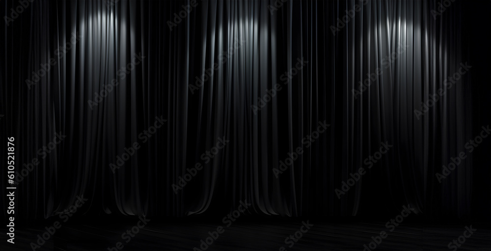 Poster abstract minimal concept. luxury black opening curtain drapes empty wall stage with spotlight. mock 