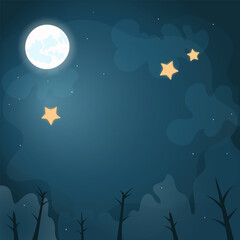 Vector illustration of the night sky with yellow bright stars with the moon on a dark background