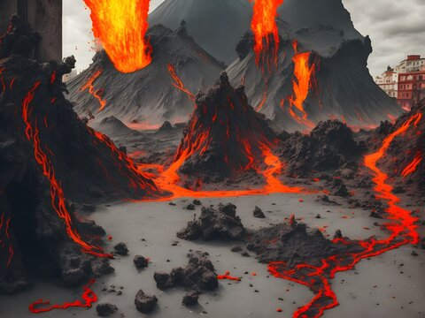 Volcano Death on Street of Ancient Medieval City, Generative AI Illustration