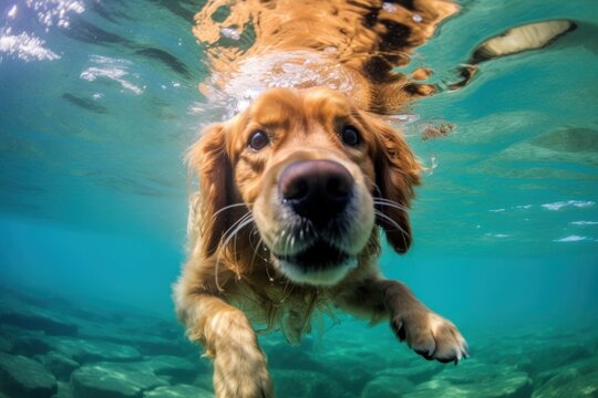 Golden Retriever explores an underwater world in clear waters. Generative AI
