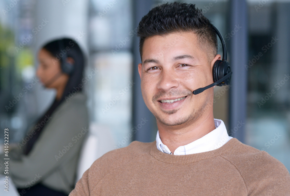 Poster Man with smile in portrait, call center with CRM and contact us, communication with headset and technology in office. Male consultant, face with customer service or telemarketing with help desk job