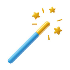 Magic wand 3d realistic style rendering vector illustration. Magical blue and golden stick with stars and sparkles. Magician, wizard, fairy, princess accessory isolated on white background