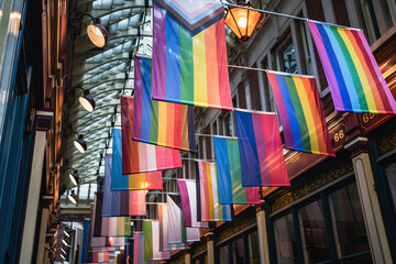 Fototapeta na wymiar Different LGBTQ pride and rainbow flags hanginging in two rows in city. London. Selective focus on flag