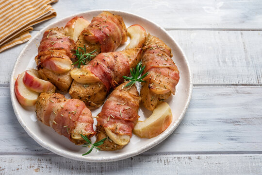 Bacon wrapped turkey or chicken breast with apple slice