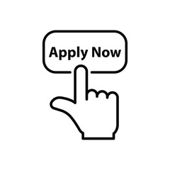 linear hand with black apply now button. flat modern logotype element graphic art design isolated on white background. concept of easy make an application in internet website or exam login here