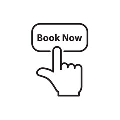 black thin line book now with hand. concept of easy reservation by smartphone or mobile phone and pre-order motel. flat simple linear trend modern logotype graphic art design isolated on white