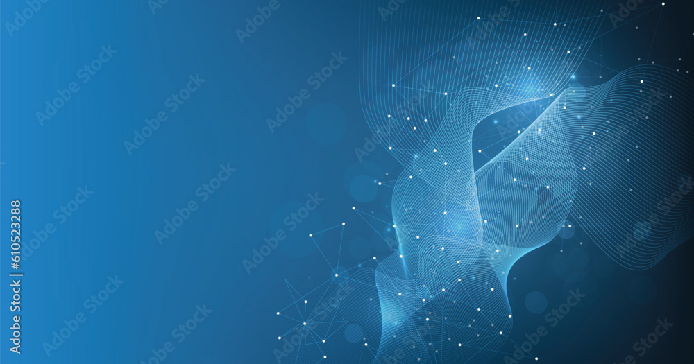 Poster Abstract connection on dark blue background. High-tech Network technology background with dots and lines connection system.Vector abstract technology on blue background.	
