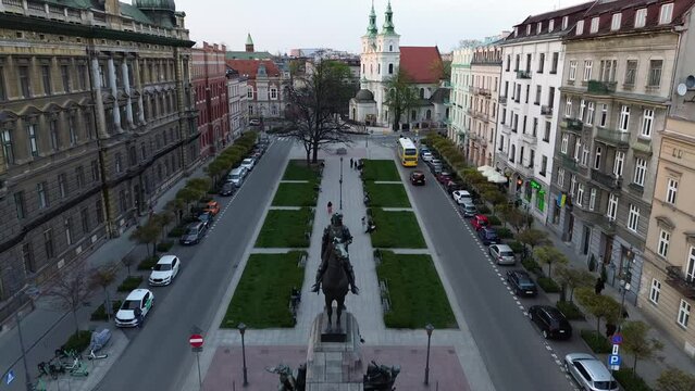 Jan Matejko Square, Grunwald Monument, Cracow, Krak&oacute;w, Poland. DJI drone footage