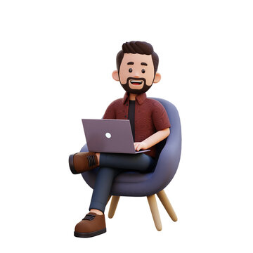 3d male character sitting on a sofa and working on a laptop