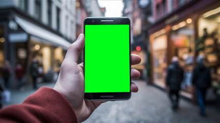 On the street, a subjective look at the phone with greenscreen to exchange the content of the screen., generative AI