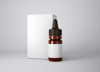 Amber glass dropper bottle mockup with box on gray background, 3d rendering