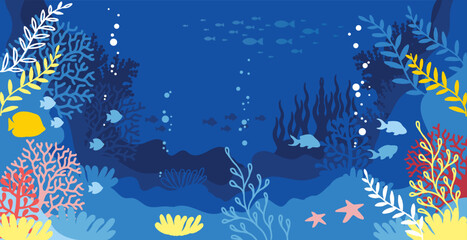 Fototapeta na wymiar Underwater marine life of a coral reef. Illustration of background in a blue palette colours