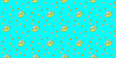 pattern. Set with fish. Sea and river fish. Horizontal image. Banner for insertion into site.