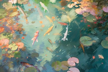 Fototapeta na wymiar Fish in the pond with lotus leaves. Generative AI.