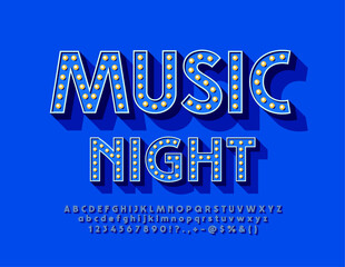 Vector modern Poster Music Night. Electric Lamp Font. Bright Creative Alphabet Letters, Numbers and Symbols