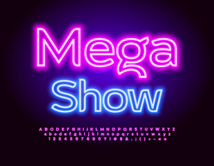 Vector event banner Mega Show. Pink Glowing Font. Trendy Neon Alphabet Letters and Numbers set