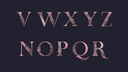 Floral alphabet logo set. Rose flowers in design. Delicate monograms for wedding, boutique, flower business, fashion