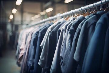 Clothes on a hanger. Factory-tailored clothing made from natural and processed fabrics. Clothing factory. Fabric manufacturing. Tailoring. Generative AI
