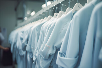 White clothes on a hanger. Factory-tailored clothing made from natural and processed fabrics. Clothing factory. Fabric manufacturing. Tailoring. Generative AI