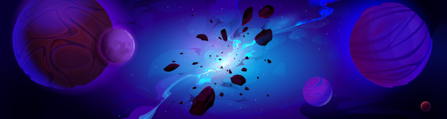 Galaxy explosion nebula space cartoon vector background. Universe crack at night sky outer cosmos illustration. Abstract futuristic fiction blue starry dark landscape with smoke and neon light shine.
