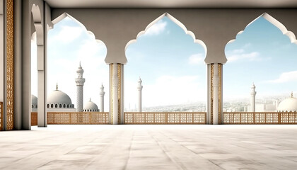 Empty floor with mosque background, generative ai, digital illustration.
