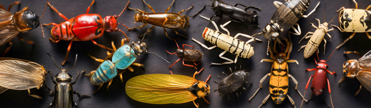 Collage of various insects. Banner. Generative AI