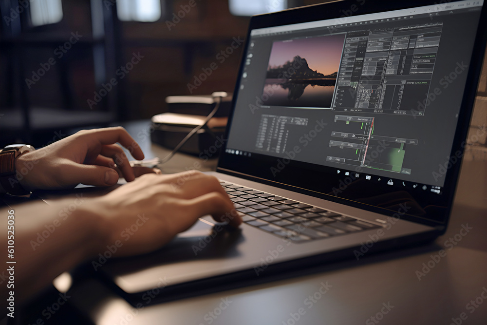 Fototapete male hands are typing on a laptop keyboard, a person is working in a graphics editor. generative ai