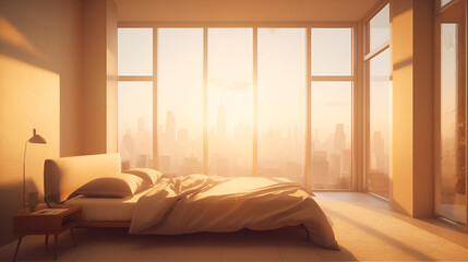 cozy spacious bedroom with a large bed, with large windows to the floor, minimalism, glorious morning, warm colors, feng shui, interior design concept. Banner. Generative AI