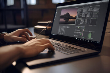 Male hands are typing on a laptop keyboard, a person is working in a graphics editor. Generative AI