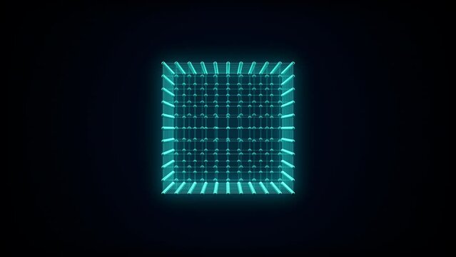 Futuristic 3D render of cube with transparent glass wireframe surface, 4K abstract loop geometric background
