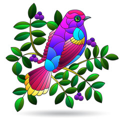 Stained glass illustration with bright bird on tree branches, animal isolated on a white background