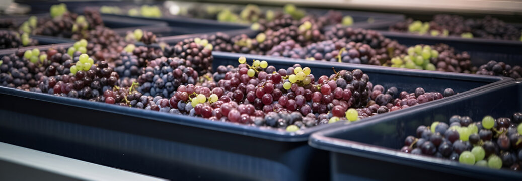 Grapes in industrial production. Grapes in trays in production.  Generative AI