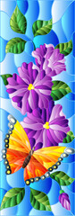An illustration in the style of a stained glass window with bright purple flowers and orange butterflie on a blue sky background