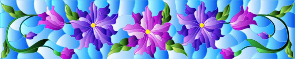 An illustration in the style of a stained glass window with bright purple flowers on a blue sky background