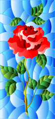 An illustration in the style of a stained glass window with a bright scarlet rose flower on a blue sky background