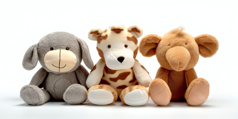 3 stuffed animals on white background, Generative AI
