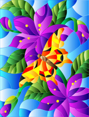 An illustration in the style of a stained glass window with bright purple flowers and orange butterfly on a blue sky background