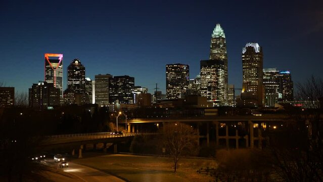Lockdown Shot Of Illuminated Buildings And Roads At Night - Charlotte, North Carolina