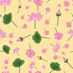 Lotus flowers and leaves seamless pattern illustration on yellow backdrop
