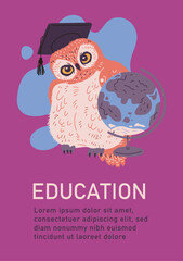 Education banner or card template with wise owl, flat vector illustration.