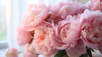 Obraz na płótnie Canvas Elegant bouquet of a lot of peonies of pink color close up. Pastel pink peonies, wedding, Easter, Mother's day, vintage style. Generative AI.