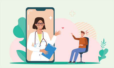 Patient take online consultation with female doctor via smartphone , Virtual medical service concept , Online treatment