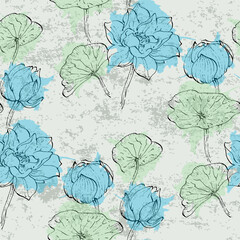 Floral seamless pattern with hand drawn lotus flowers and leaves. Fashionable template for design. Abstract floral pattern.