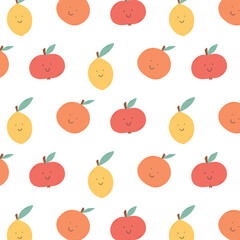 Childish seamless pattern with retro fruits. Kids print with citruses in a flat style. Vector illustration. Pattern with apple, lemon and orange.