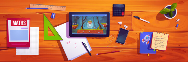Student school desk top view with tablet and game cartoon illustration. Table for education and math paper homework with calculator and stationery for kid. Teenage workplace with phone and headset