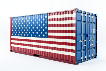 Shipping container with American flag (cargo container) on white background, Generative AI