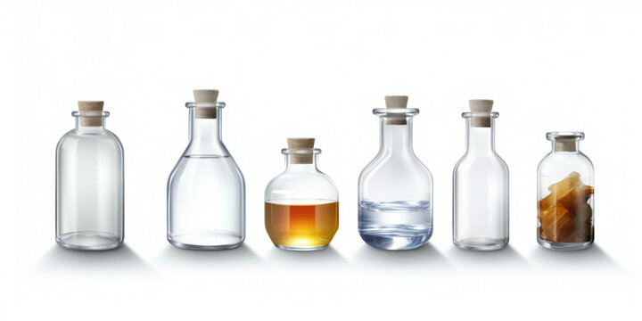 Several lab bottles on white background, Generative AI