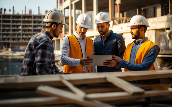 Team Or Group Of Construction Workers, Engineers Or Architects Wearing Hard Hats And Reflective Vests.  At A Construction Site. Shallow Field Of View, Generative AI. Not Real People.